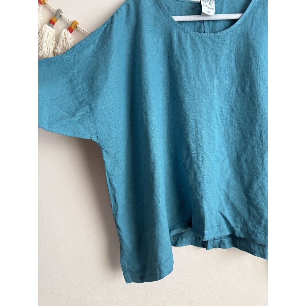 La Fixsun 100% Linen Asymmetric Half Sleeve Turquoise Top Lagenlook Coastal S - Picture 3 of 8